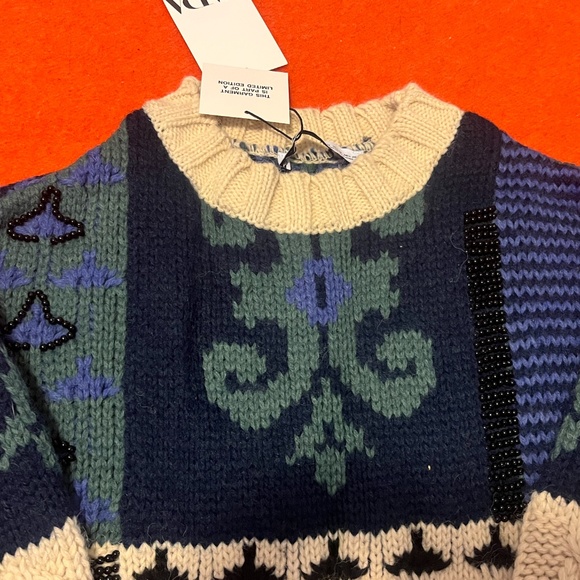 Zara wool blend embellished patchwork knit sweater limited edition NWT - Picture 14 of 15